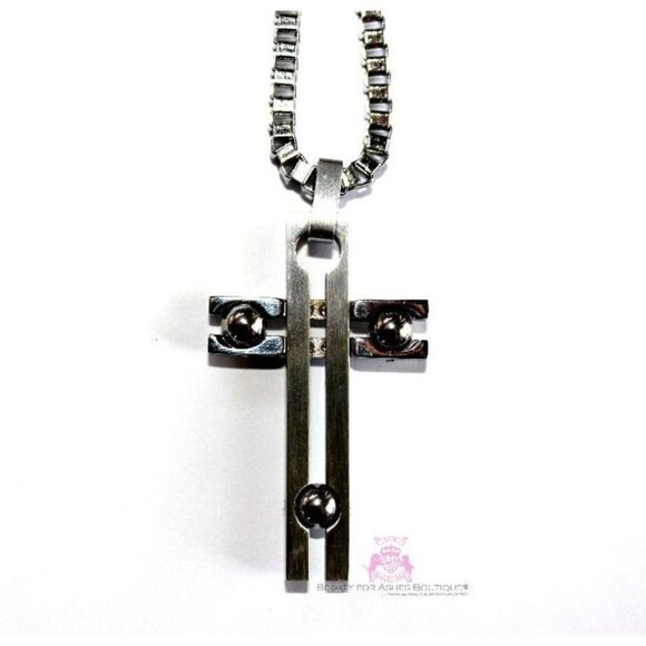 24" Mens Chain Stainless Steel Necklace Art Deco Cross Necklace - Picture 1 of 6